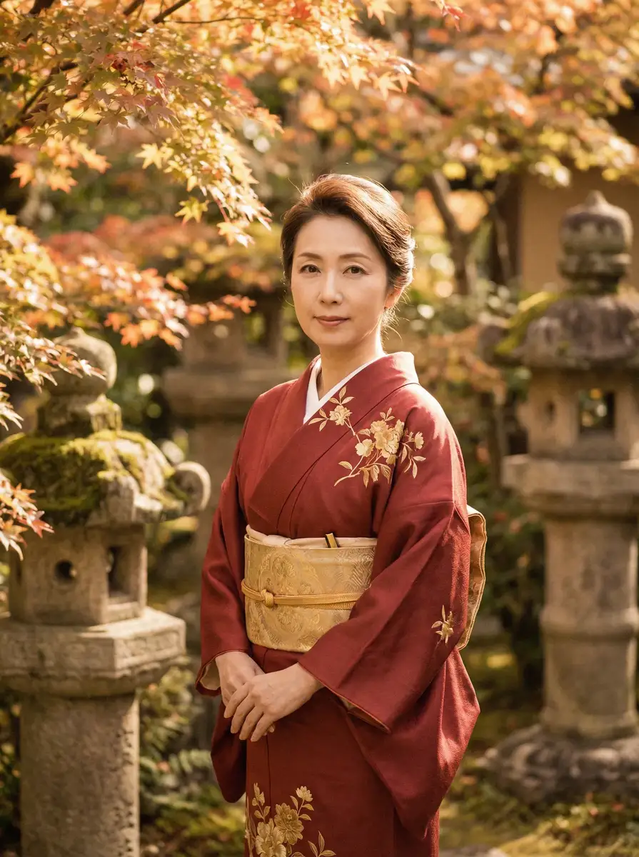 一位身穿暗红色和服的优雅 九州平台 在日式庭院中