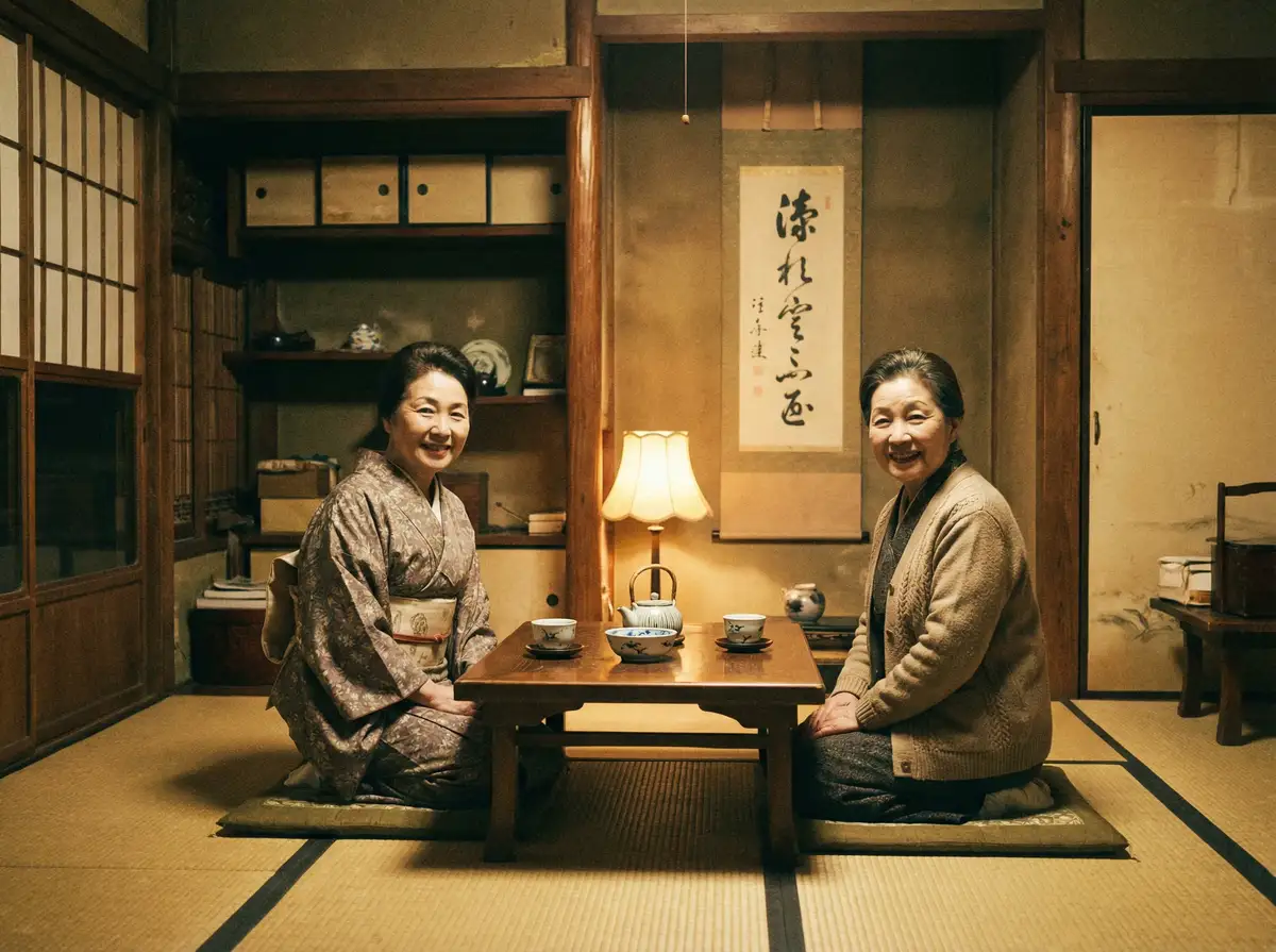 两位优雅的 九州平台 在日式茶室中品茶交谈